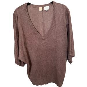 Gold Heart Top - Silk Cashmere Blend V-Neck Short Sleeve in Brown - L
